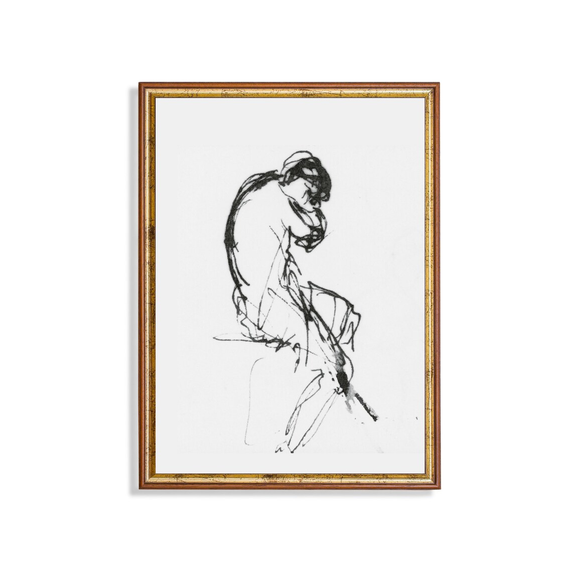 Seated Woman Expressive Ink Figure Sketch Drawing Art Poster