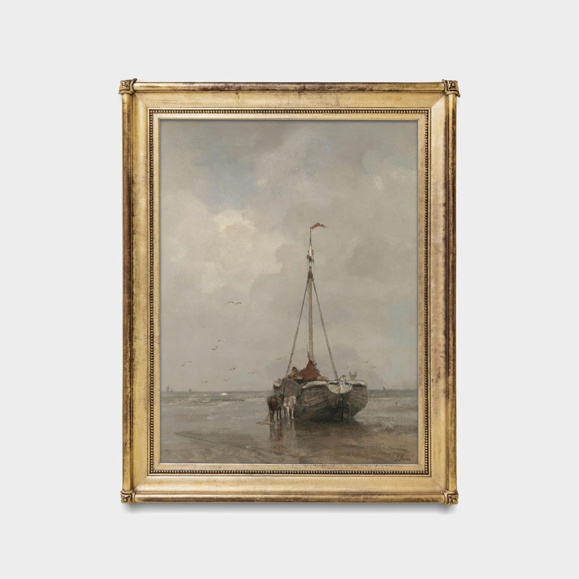 Fishing Boat Anchored on a Misty Beach at Low Tide Seascape Poster - Image 5