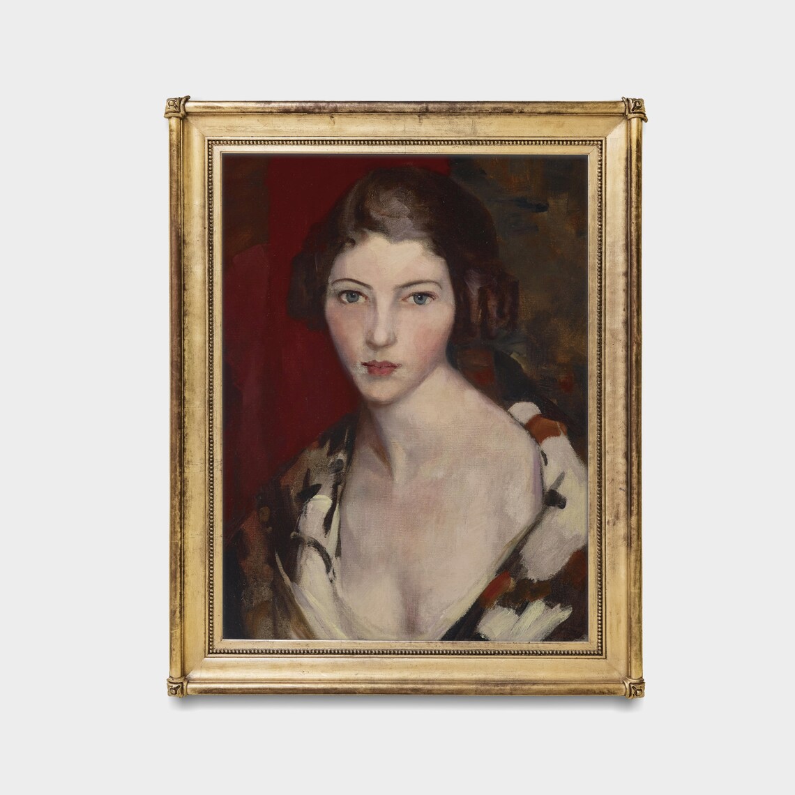 Vintage Young Woman Portrait Patterned Shawl Red Background Wall Art - Image 4