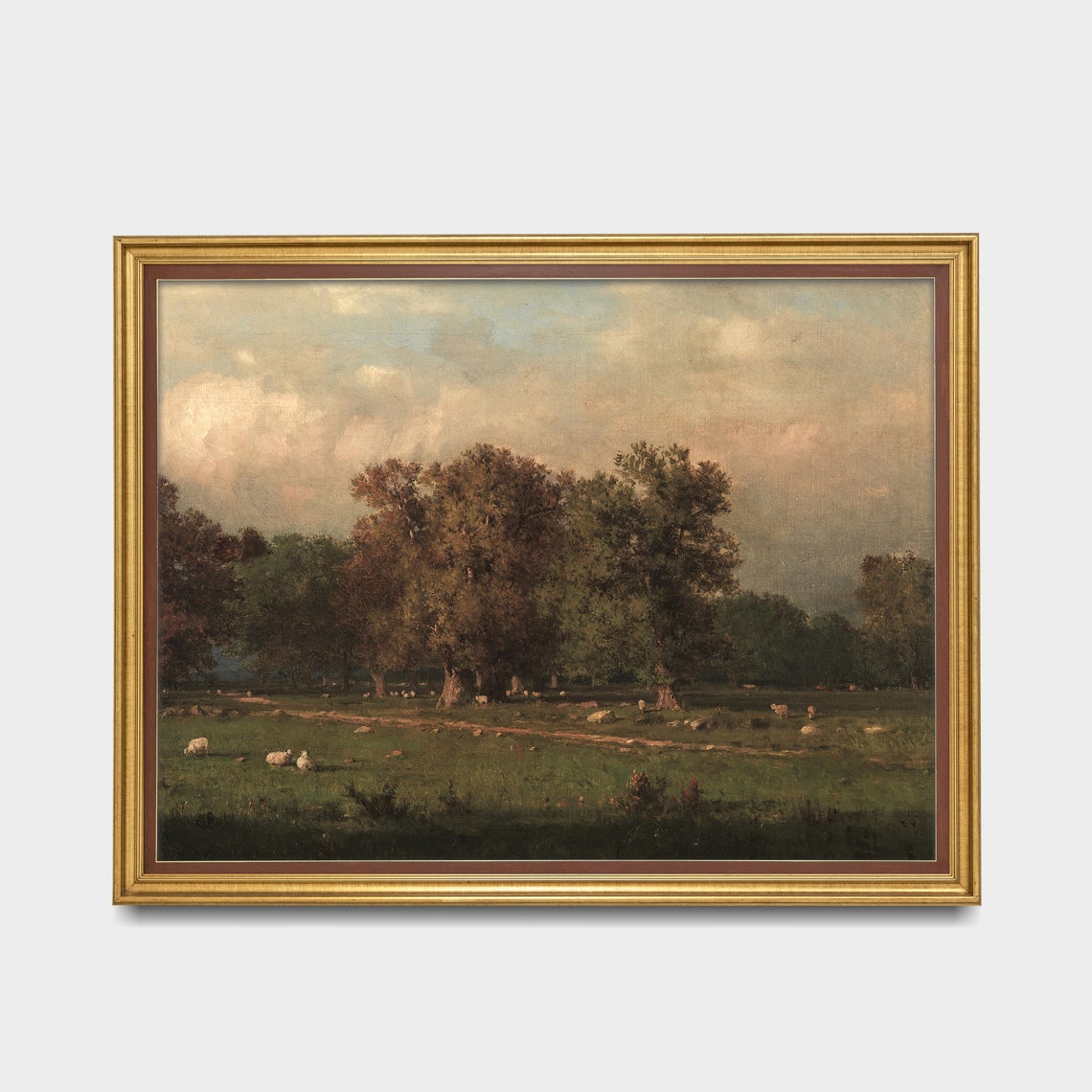 Sheep Grazing Under Sunset Clouds Vintage Pastoral Landscape Poster - Image 3