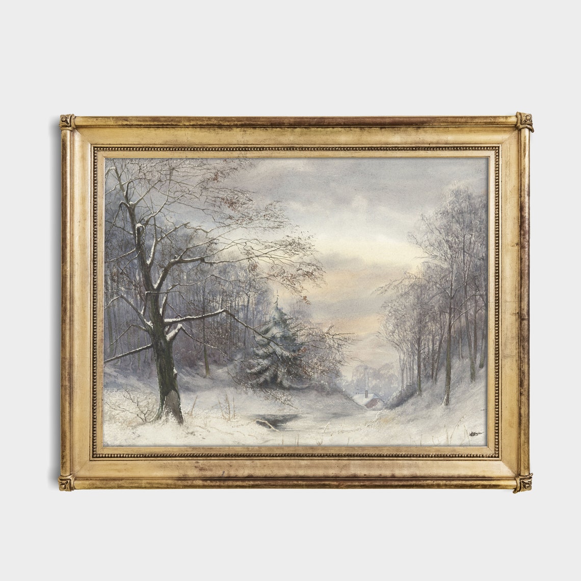 Snowy Forest Path Toward Distant Cabin Vintage Winter Woodland Poster - Image 2