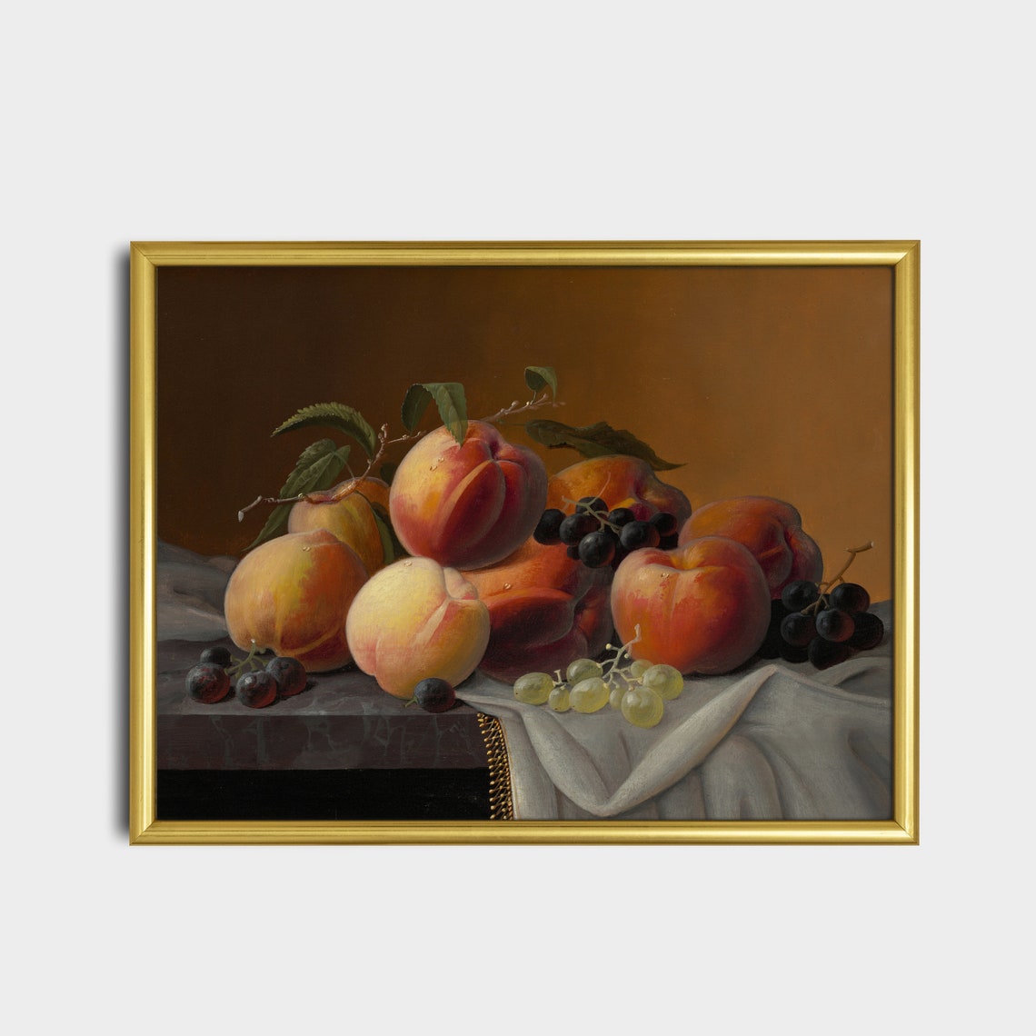 Ripe Peaches and Grapes on Draped Cloth Antique Still Life Poster - Image 2