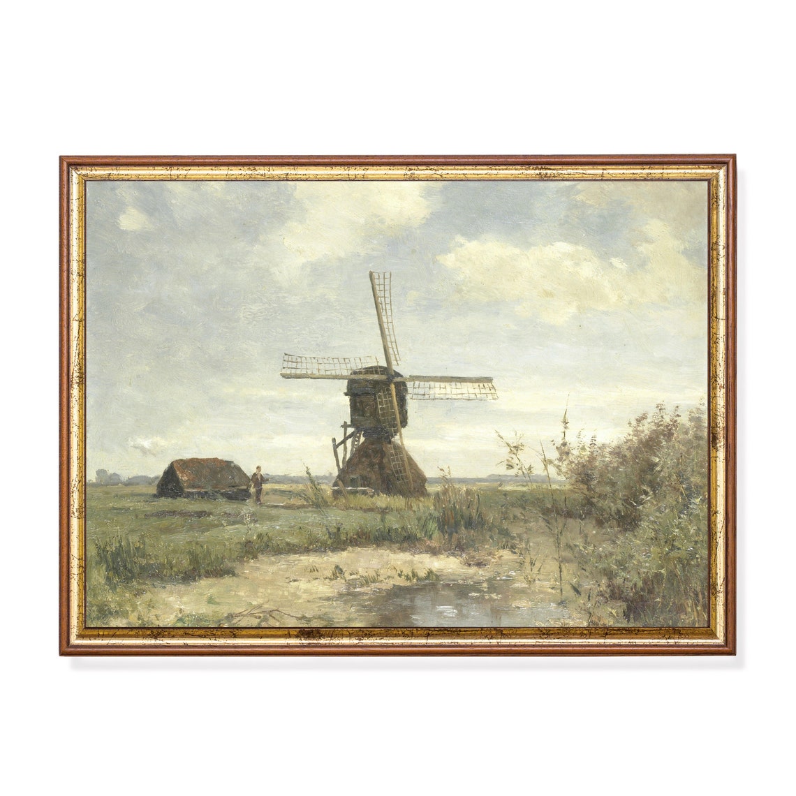 Dutch Windmill on the Marsh Polder Landscape Painting Poster