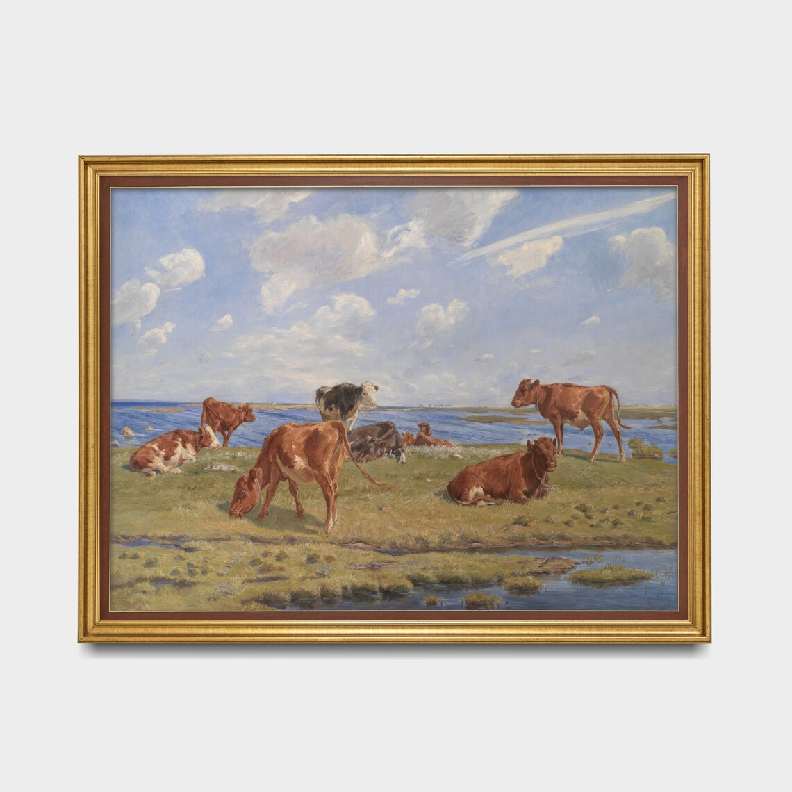Cows Grazing By The Water Shore Vintage Pastoral Painting Poster - Image 3