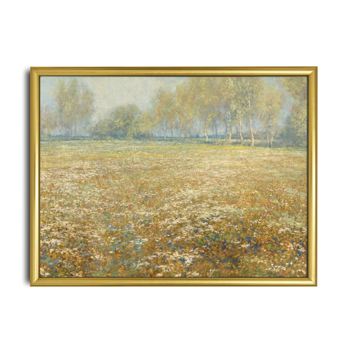 Impressionist Summer Wildflower Meadow With Birch Trees in Gold Poster