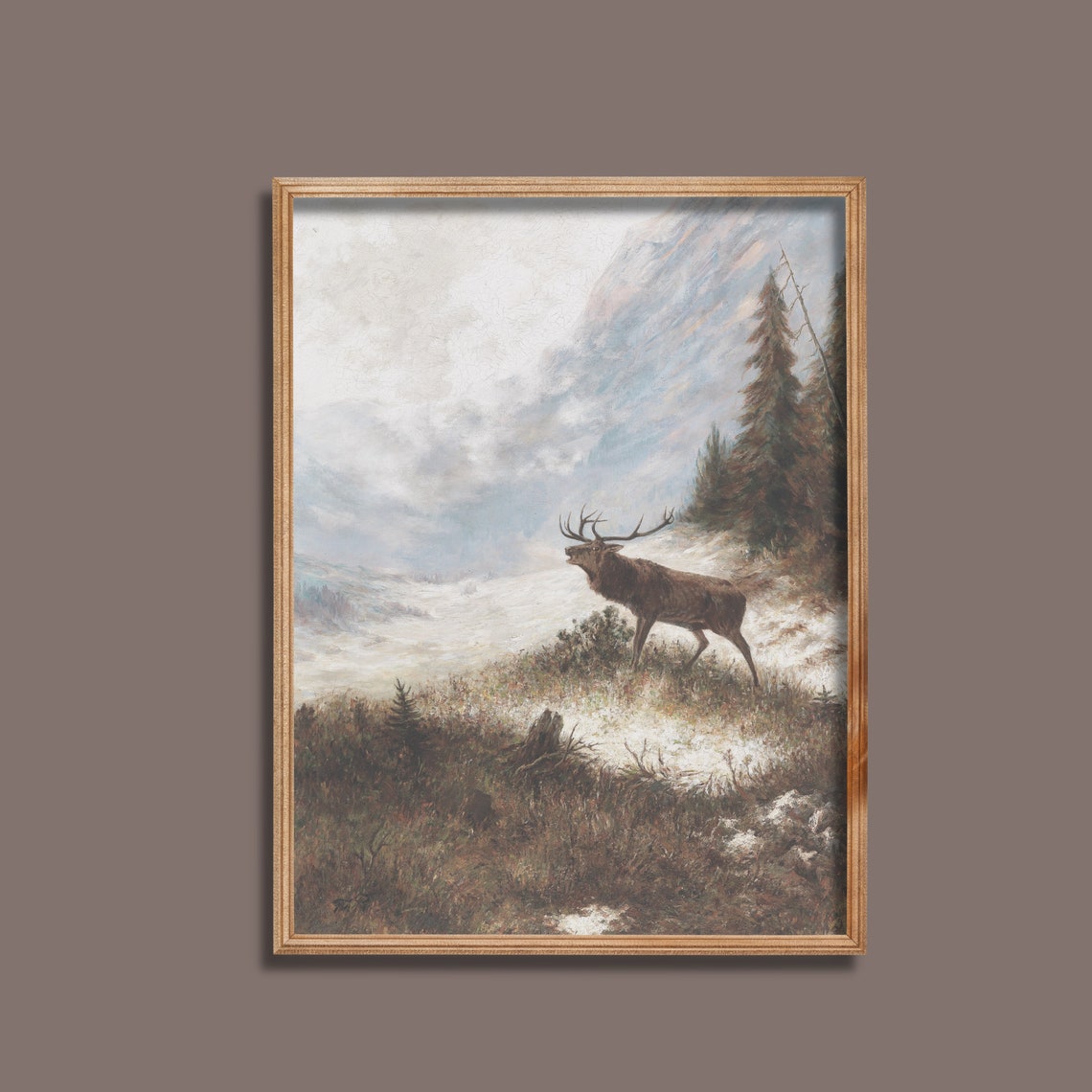 Stag Bellowing on a Snowy Mountain Hillside Vintage Wildlife Poster - Image 3