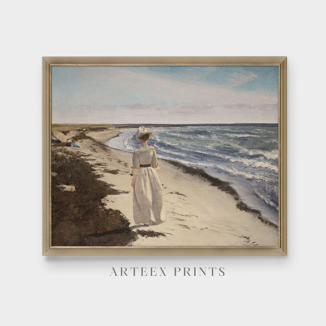 Woman in White Dress Walking the Beach Vintage Seascape Poster - Image 5