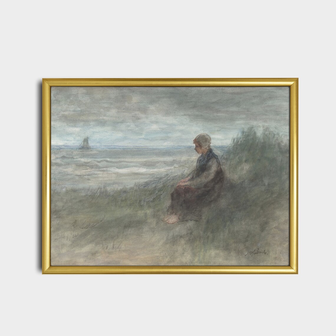Barefoot Woman Seated in Coastal Dunes Impressionist Painting Print - Image 2
