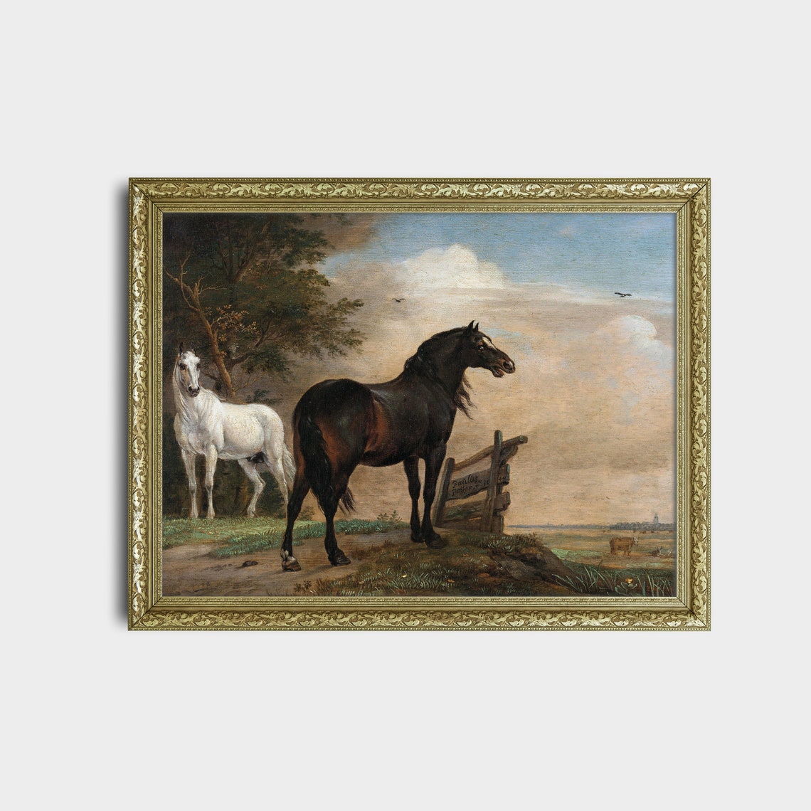 Dark Bay and White Horses Vintage Meadow Equestrian Painting Poster - Image 2