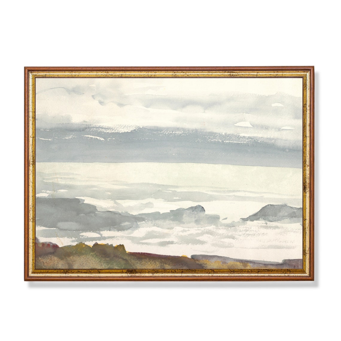 Muted Grey Watercolor Seascape Misty Coastal Waves Fine Art Poster
