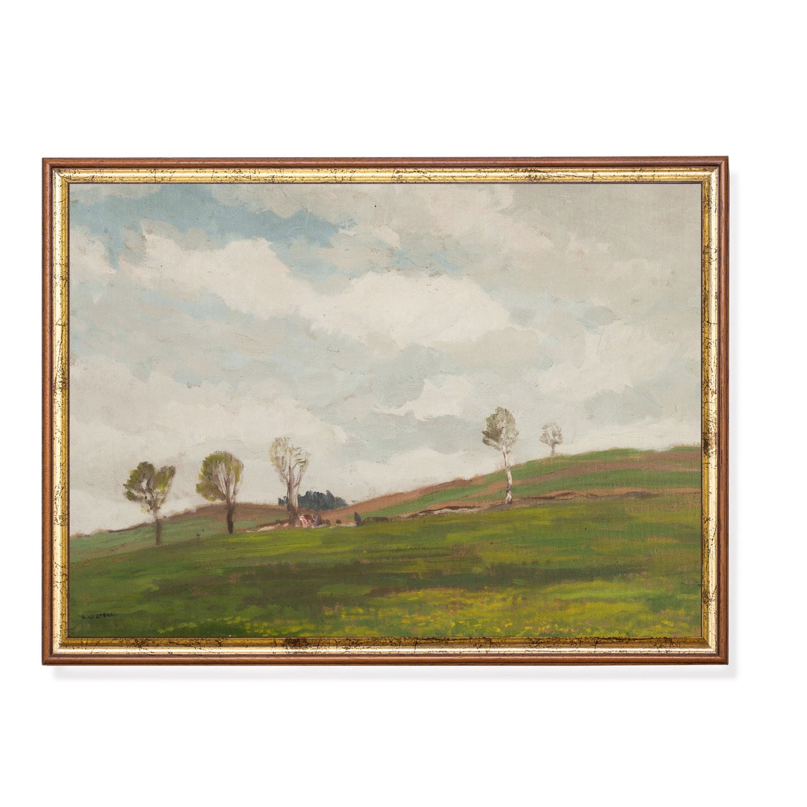 Green Spring Meadow Scattered Trees Big Sky Antique Landscape Print