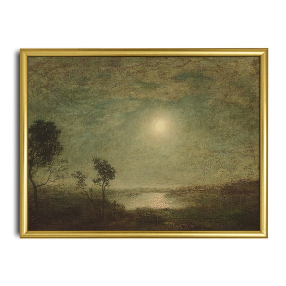Vintage Landscape Painting Antique Moonlight Print Moody Rustic Art Wall Art Farmhouse Decor Fine Art
