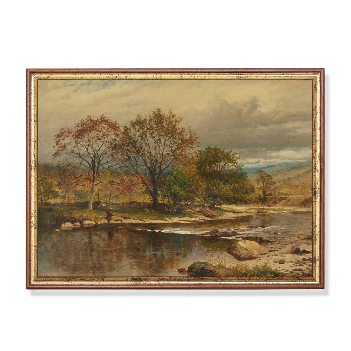 Lone Angler Wading an Autumn River Among Golden Trees Poster