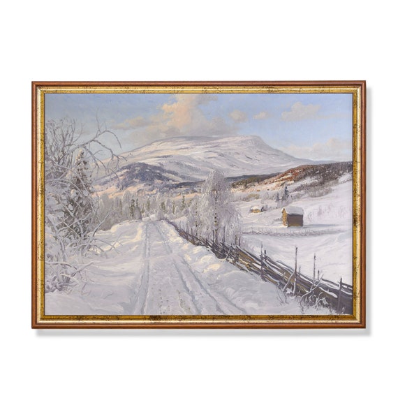 Vintage Painting Winter Snowy Landscape Cabin Antique Art Print Horizontal Moody Rustic Art 18th Century Fine Art