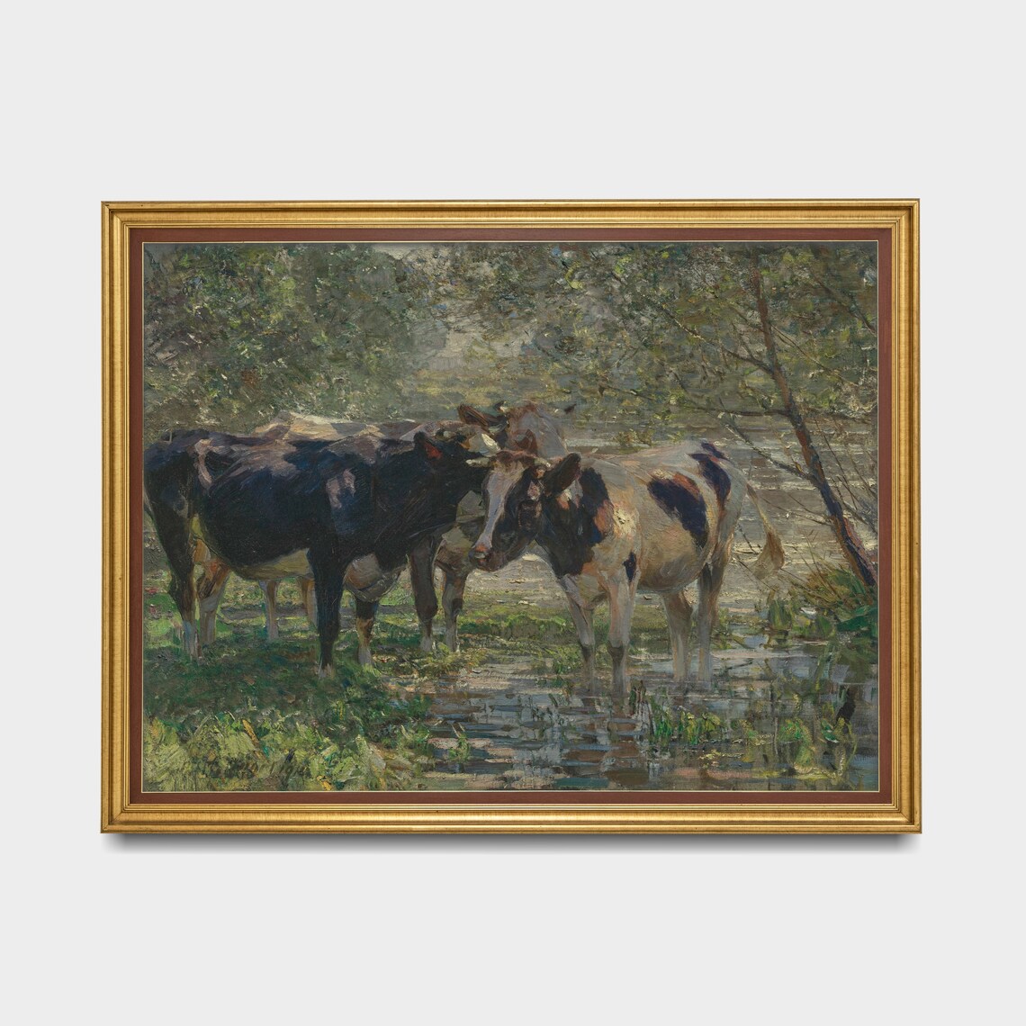 Cows Wading in a Shaded Woodland River Vintage Cattle Poster - Image 4