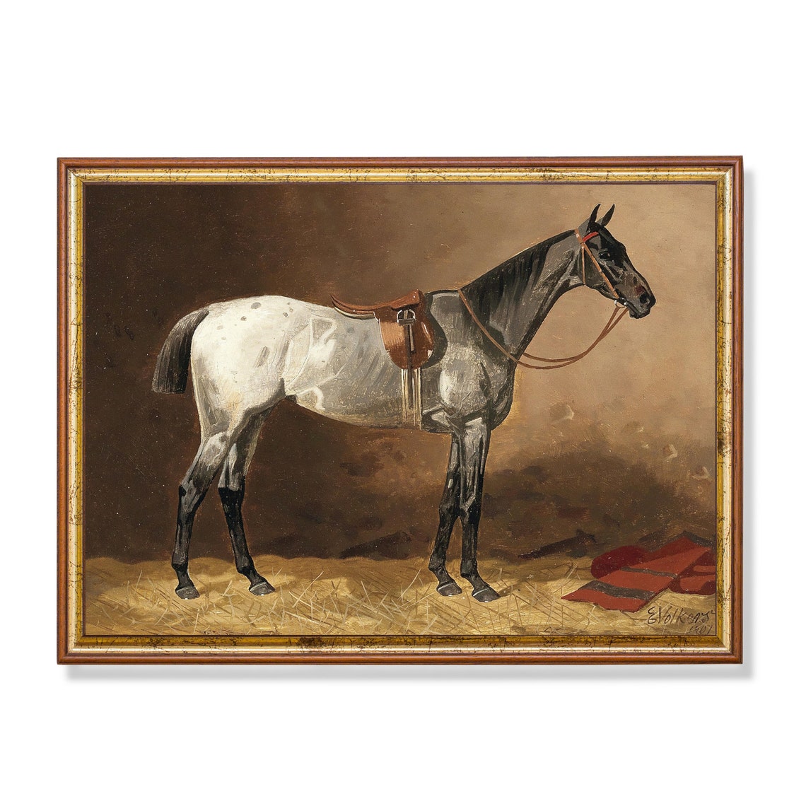 Vintage Saddled Gray Horse in Stable Equestrian Painting Poster