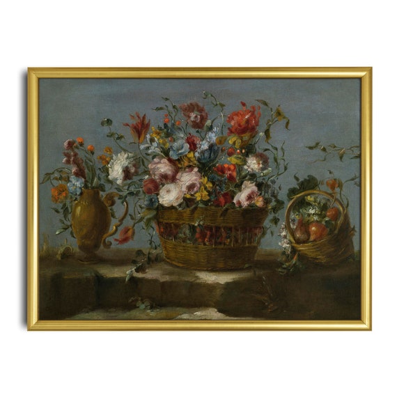 Vintage Still Life With Flowers Antique Floral Painting Basket Of Flowers Moody Rustic Print Wall Art