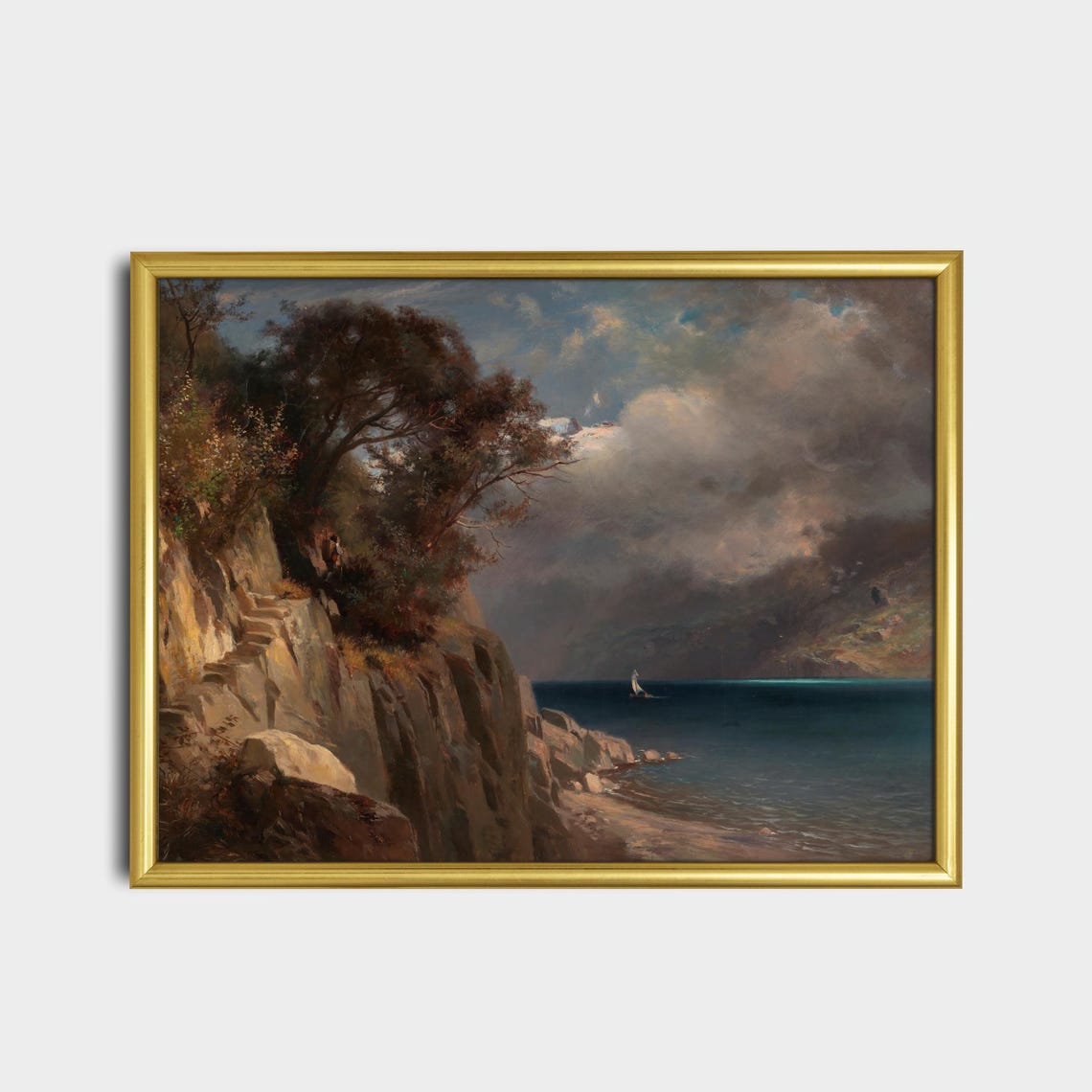 Rocky Sea Cliff with a Distant Sailboat Moody Coastal Poster - Image 2