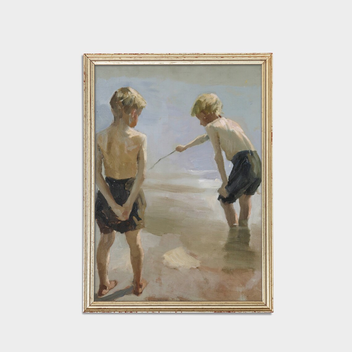 Two Boys on the Beach Vintage Oil Painting Nostalgic Art Poster - Image 2