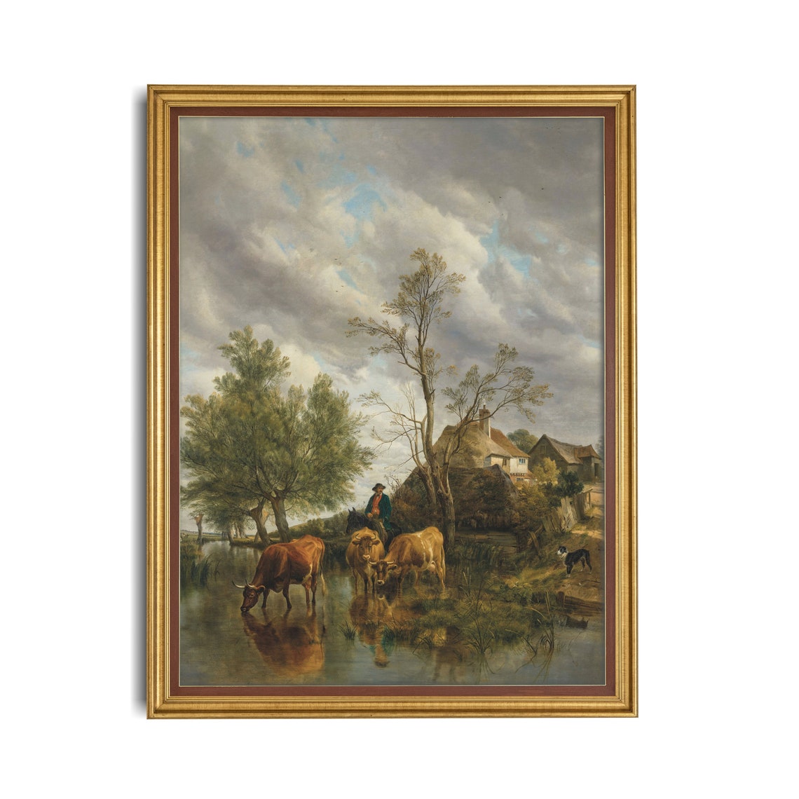 Cattle Drinking at Stream by Farm Cottage Vintage Rural Scene Poster - Image 2