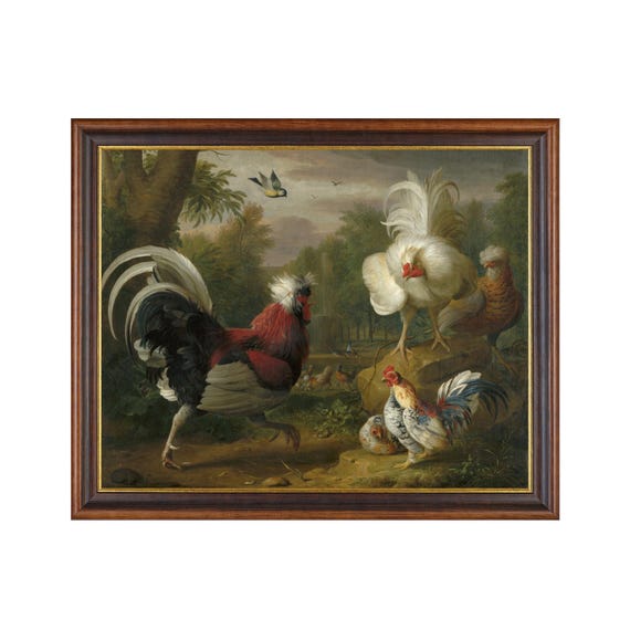 Mailed Print Vintage Chicken And Hen Painting Antique Rooster Print Farmhouse Decor Moody Rustic Animal Painting Print And Ship