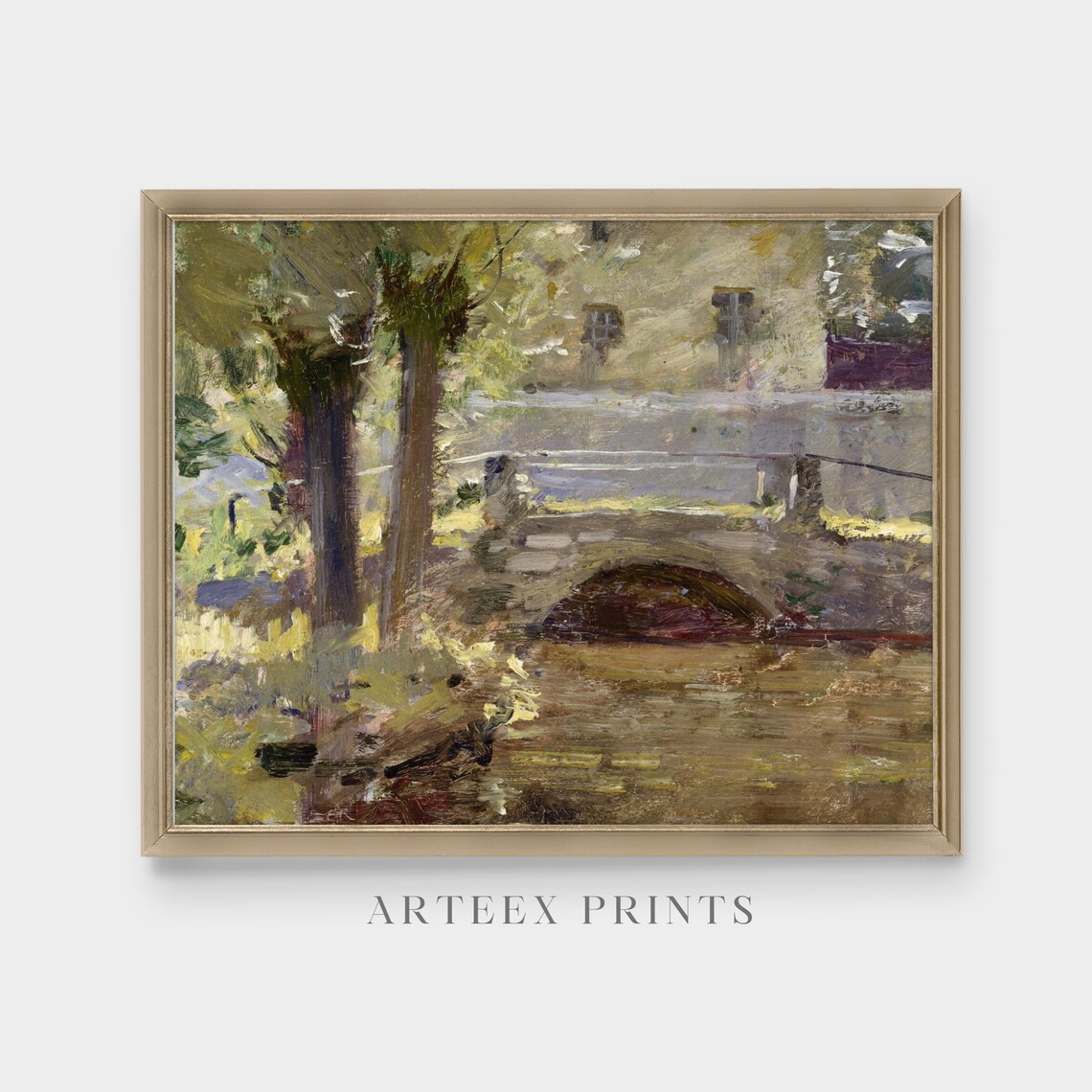 Stone Bridge Over River Beside Village Vintage Landscape Poster - Image 5