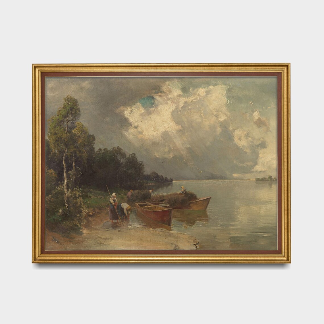 Washerwomen With Boats On A Stormy Lakeshore Vintage Art Poster - Image 5