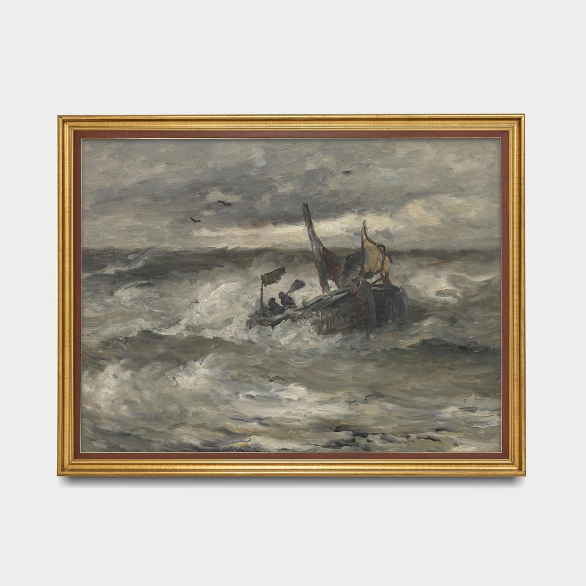 Sailboat Battling Stormy Waves Dramatic Vintage Seascape Art Poster - Image 5