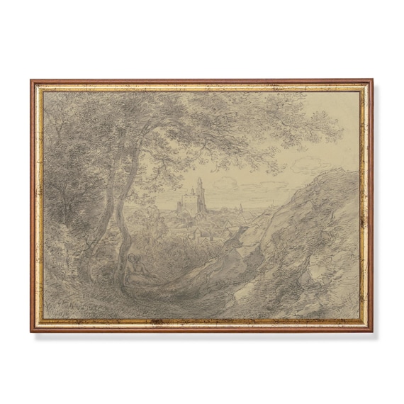 Print And Ship Landscape Sketch Print Vintage Drawing Neutral Rustic Country Decor Antique Wall Art Forest Nature Scenery Art