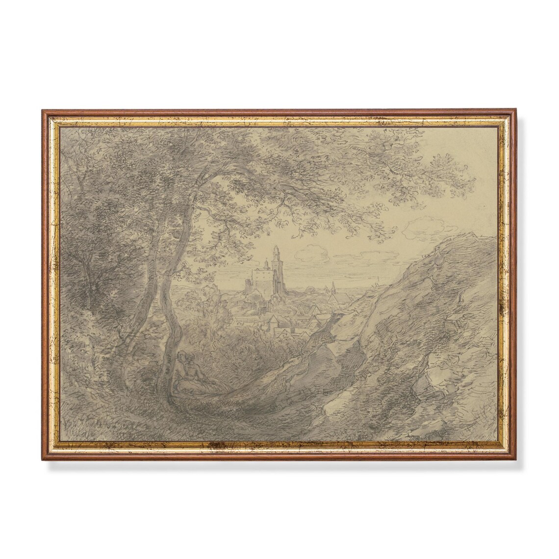 Hillside View Of An Old Town Through Trees Vintage Sketch Poster