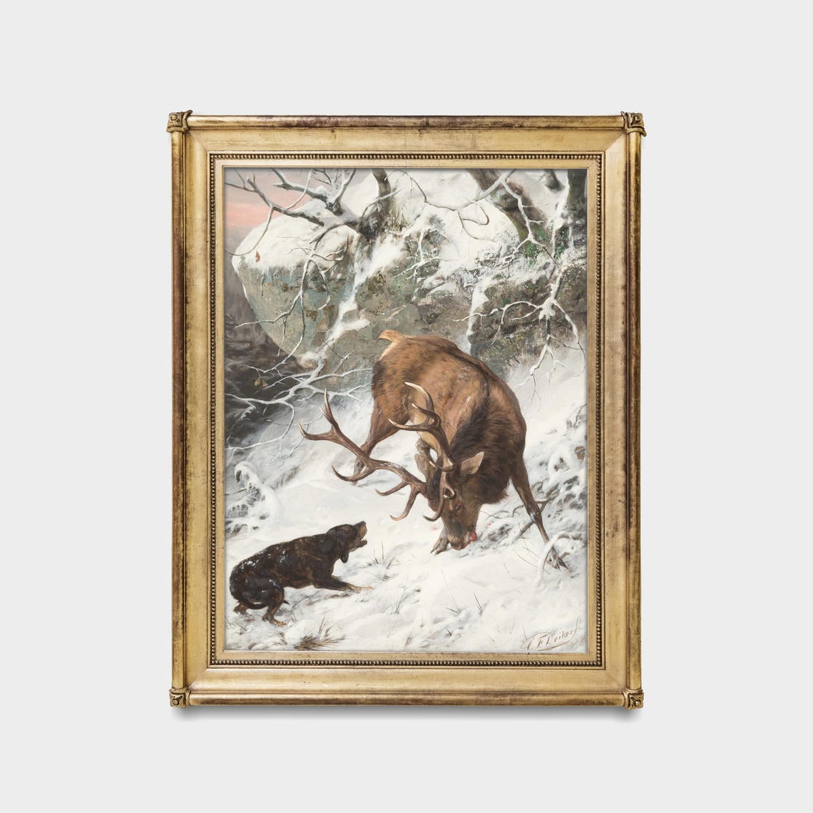 Snowy Forest Stag and Hound Antique Winter Hunting Art Poster - Image 5