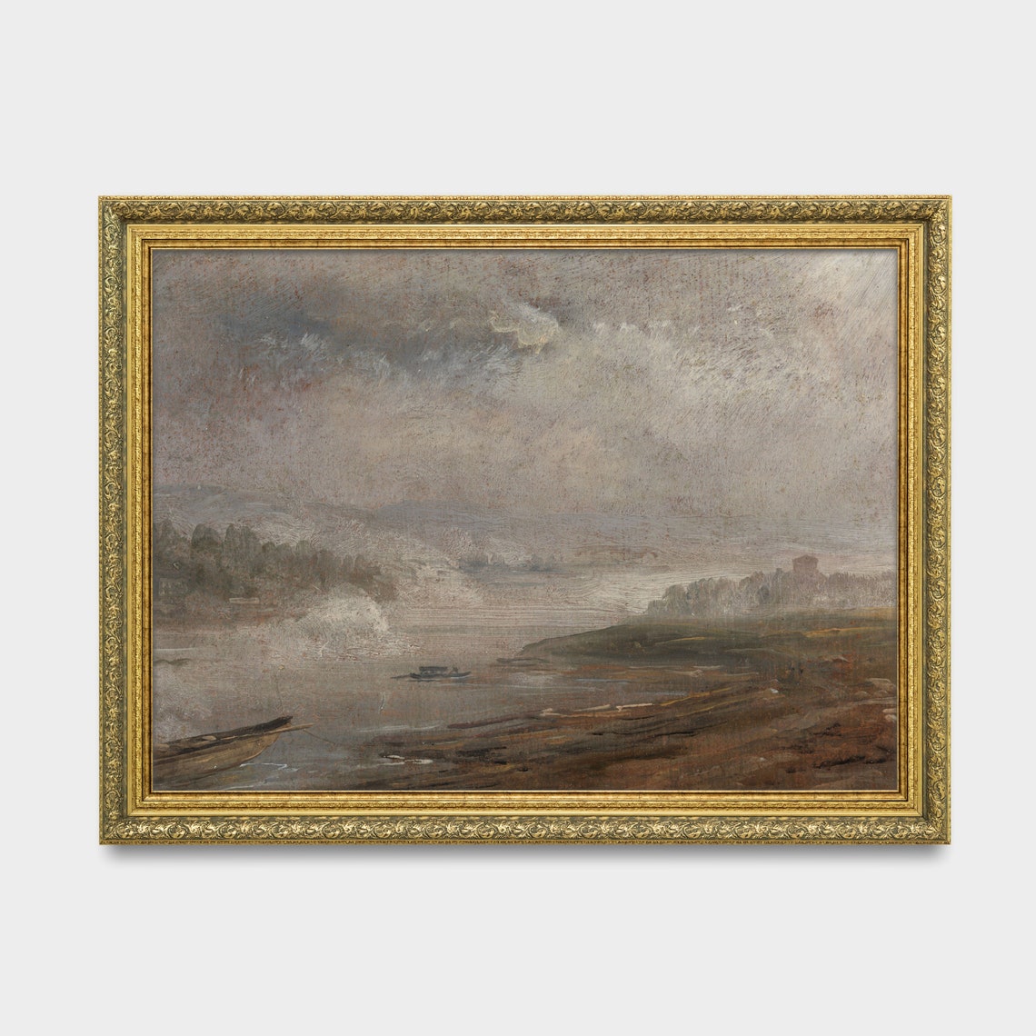 Muted Misty Gray River With Boats Under a Clouded Sky Poster - Image 3