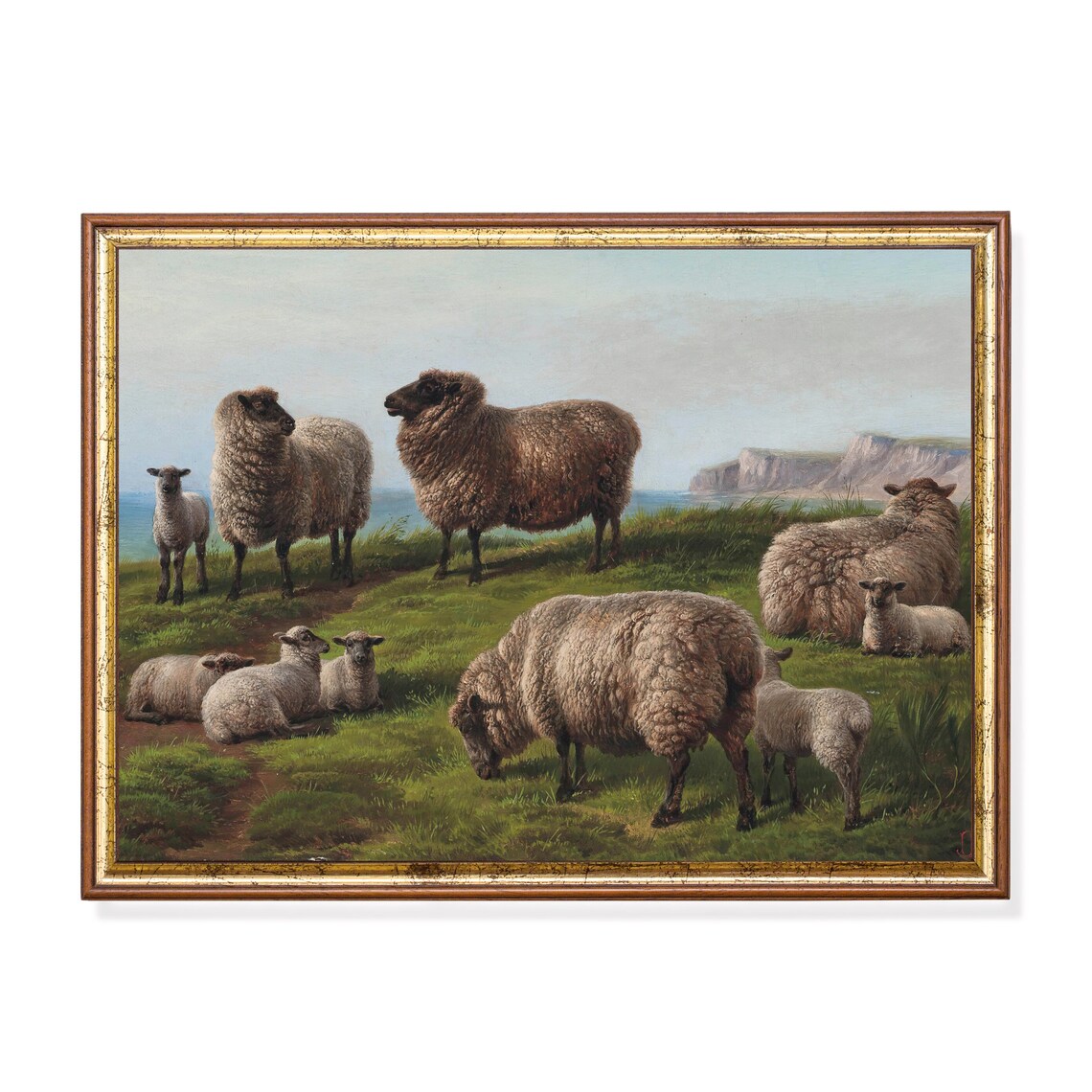 Sheep and Lambs on a Coastal Cliff Antique Pastoral Painting Poster