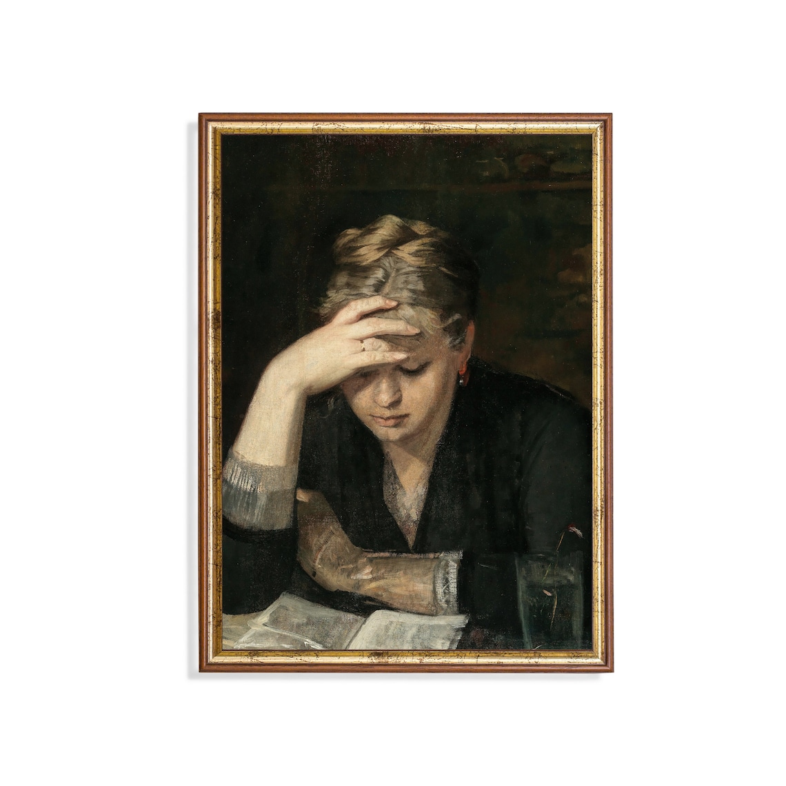 Contemplative Woman Reading a Book With Head in Hand Dark Vintage Poster