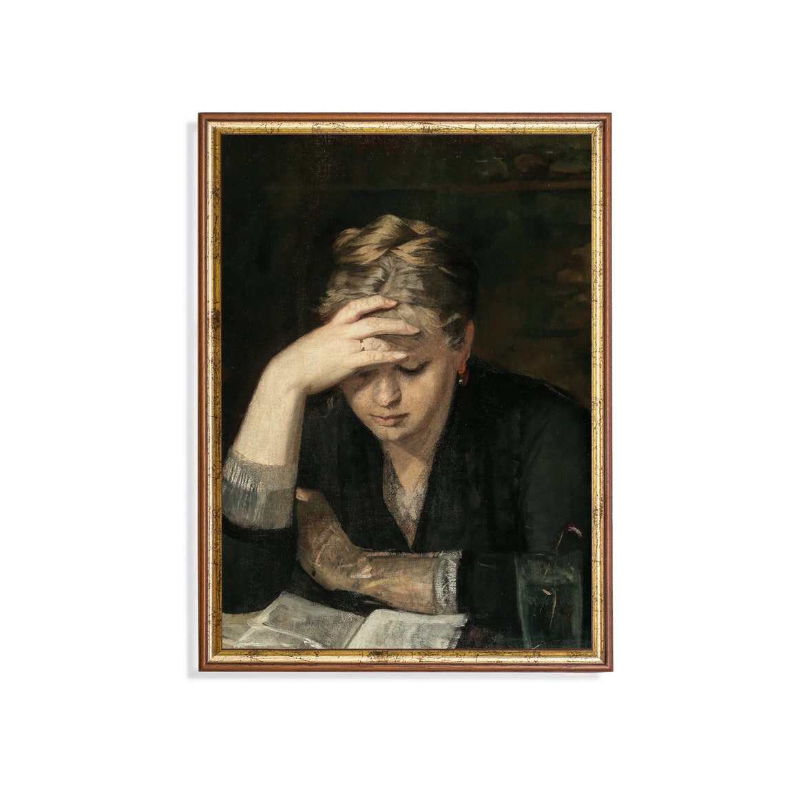Pensive Woman Leaning Over Book Vintage Emotional Portrait Poster