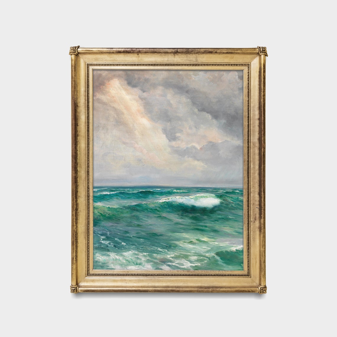 Emerald Ocean Waves Rolling Under a Soft Cloudy Sky Vintage Poster - Image 5