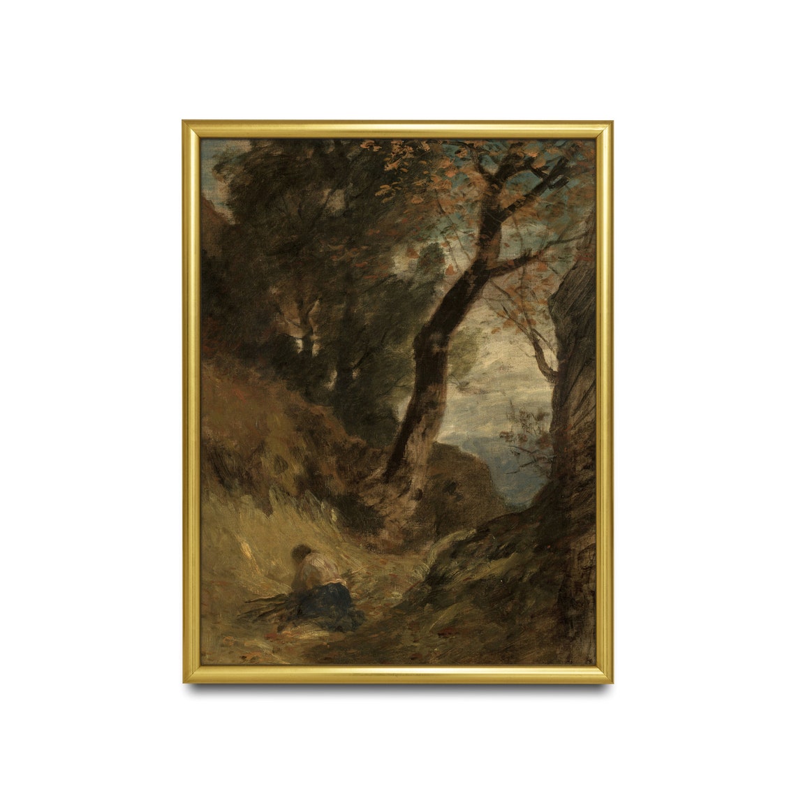 Lone Wood Gatherer in a Dark Shadowy Deep Forest Ravine Poster - Image 2