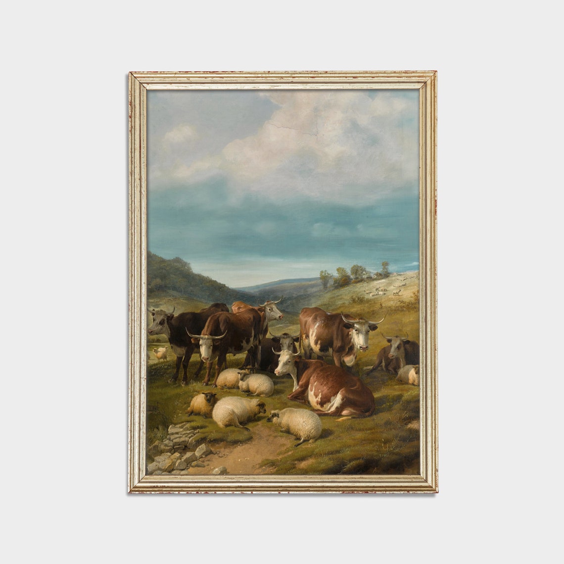 Herd of Cattle and Sheep Resting in a Rolling Green Pasture Poster - Image 2