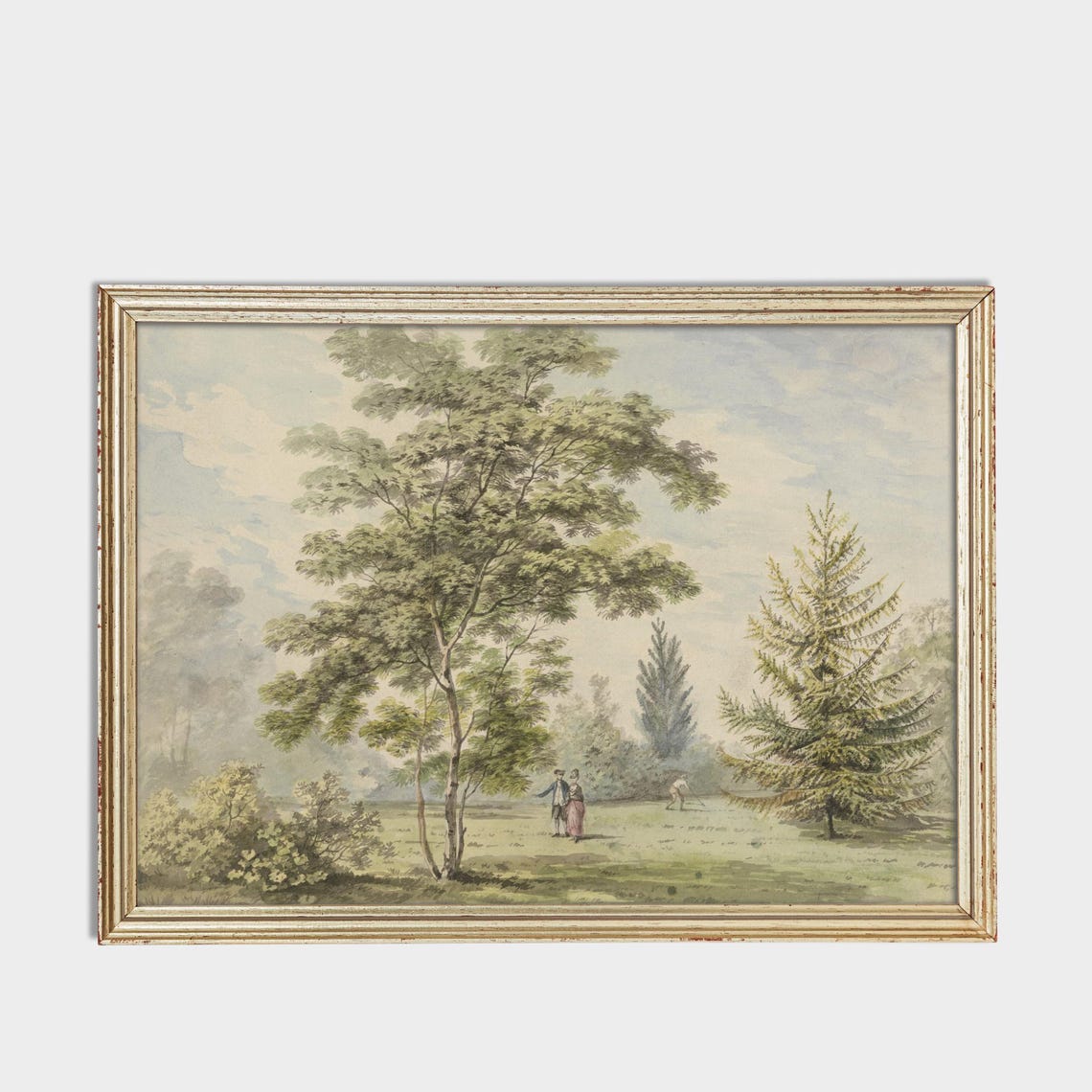 18th Century Park Strolling Couple Among Trees Watercolor Poster - Image 3