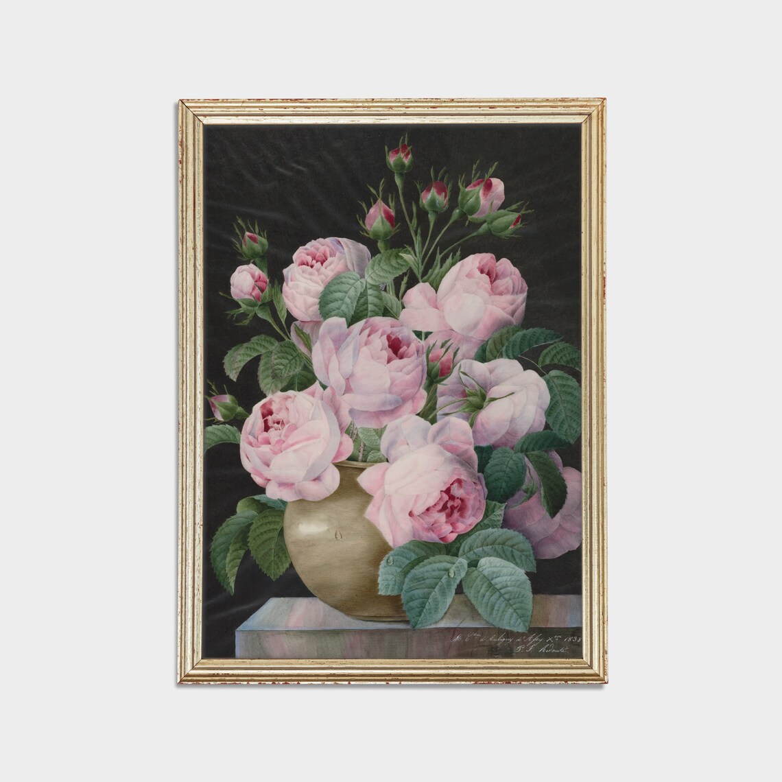 Blush Pink Roses In Brass Vase Against Dark Ground Floral Art Poster - Image 2