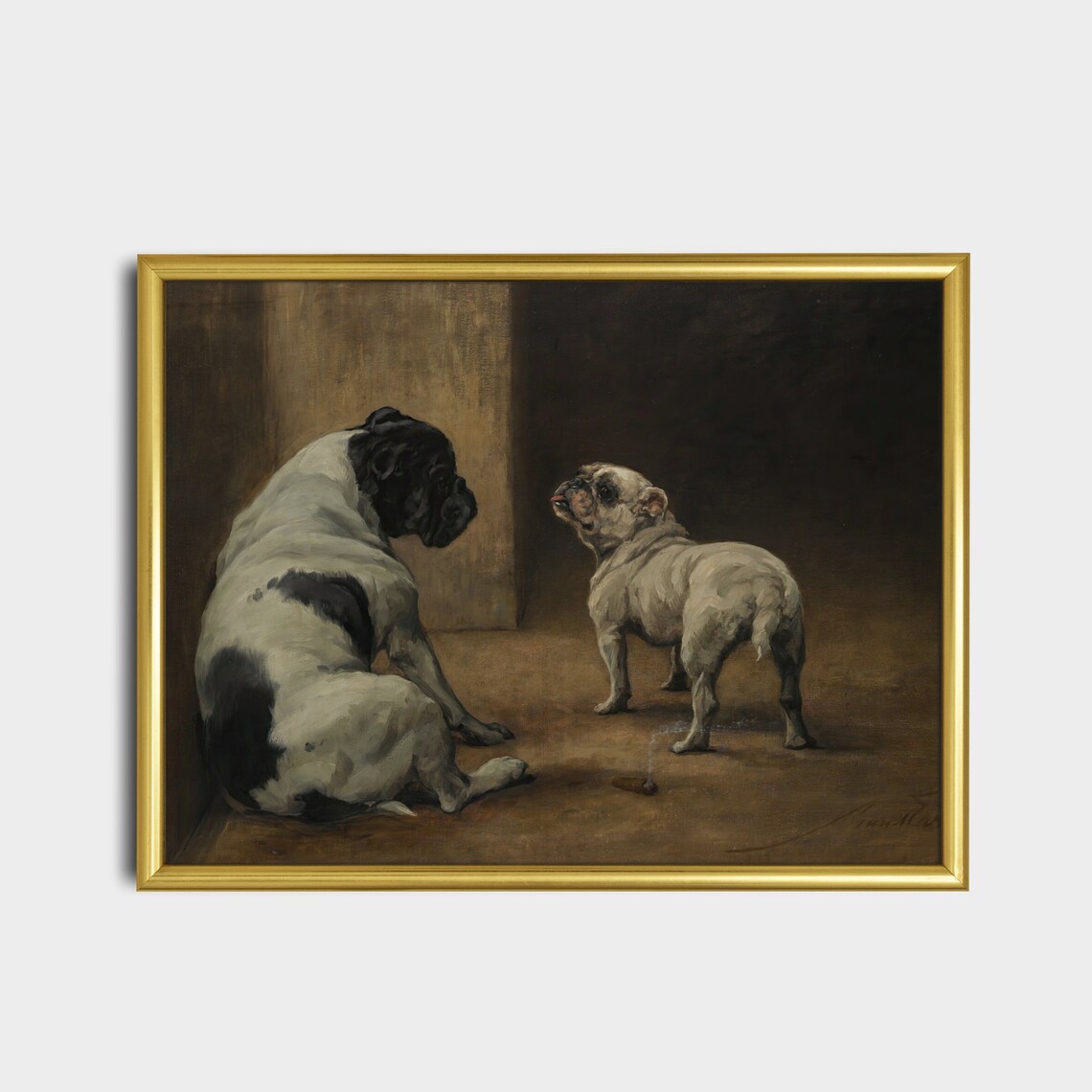 Two Bulldogs And A Small Bird Vintage Canine Oil Painting Poster - Image 2