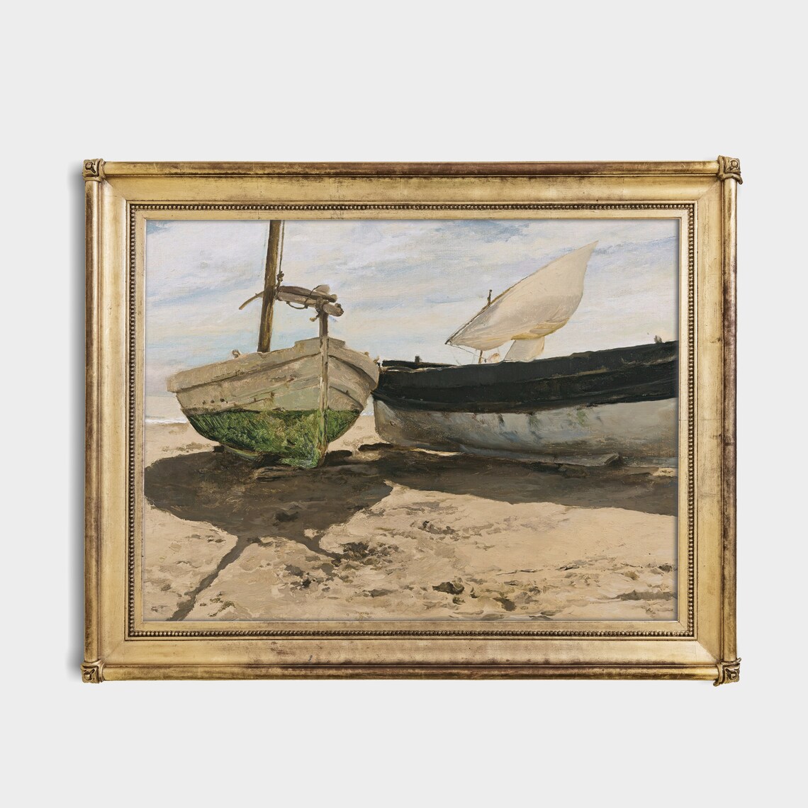 Two Weathered Fishing Boats Resting on a Sunlit Beach Vintage Poster - Image 3