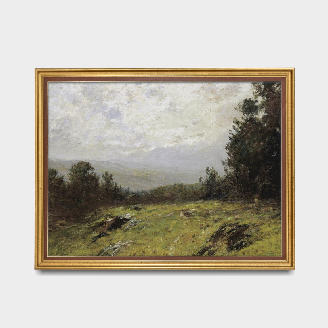 Misty Green Valley Under Cloudy Sky Impressionist Landscape Oil Print - Image 2