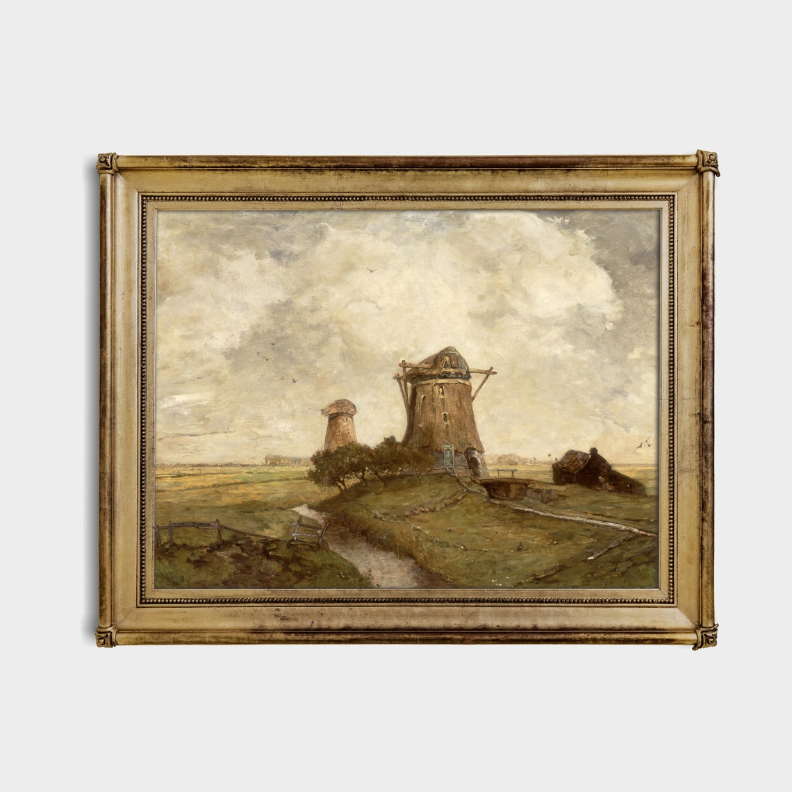 Dutch Windmills Under Cloudy Sky Canal Vintage Landscape Poster - Image 3