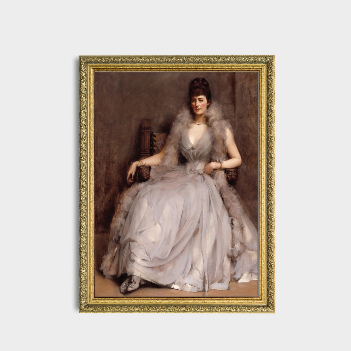 Vintage Seated Lady Portrait White Gown Fur Wrap Antique Wall Art - Image 3