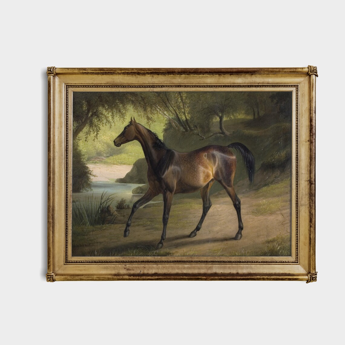 Bay Horse Trotting by Wooded Riverbank Vintage Equestrian Poster - Image 4