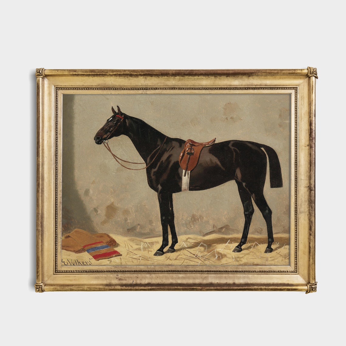 Black Saddled Horse Stable Straw Emil Volkers Vintage Poster - Image 2