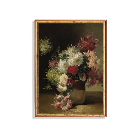 Vintage Still Life With Flowers Antique Floral Painting Moody Rustic Print Instant Wall Art Farmhouse Decor