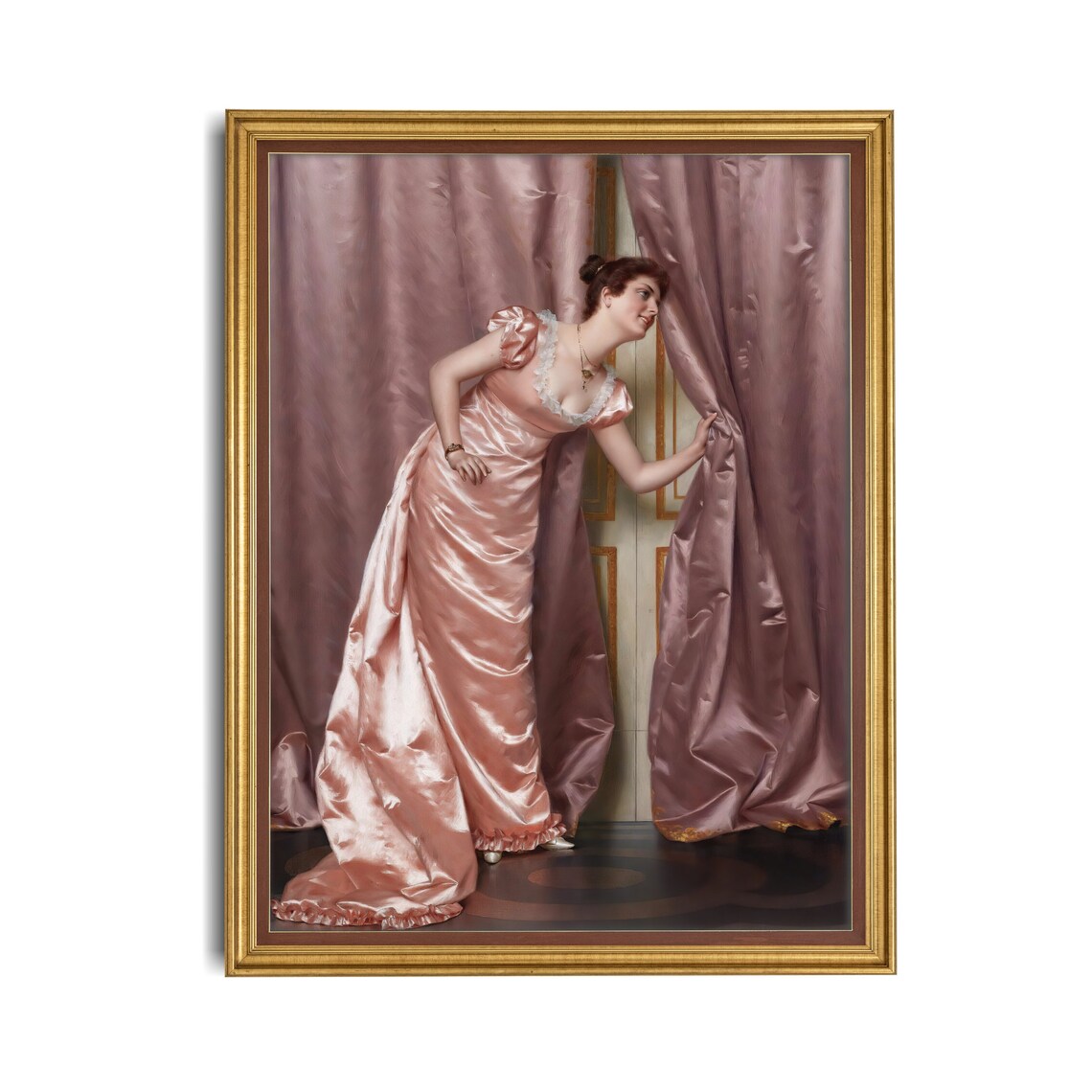 Elegant Woman in Pink Satin Gown Peeking Behind Curtains Poster - Image 2