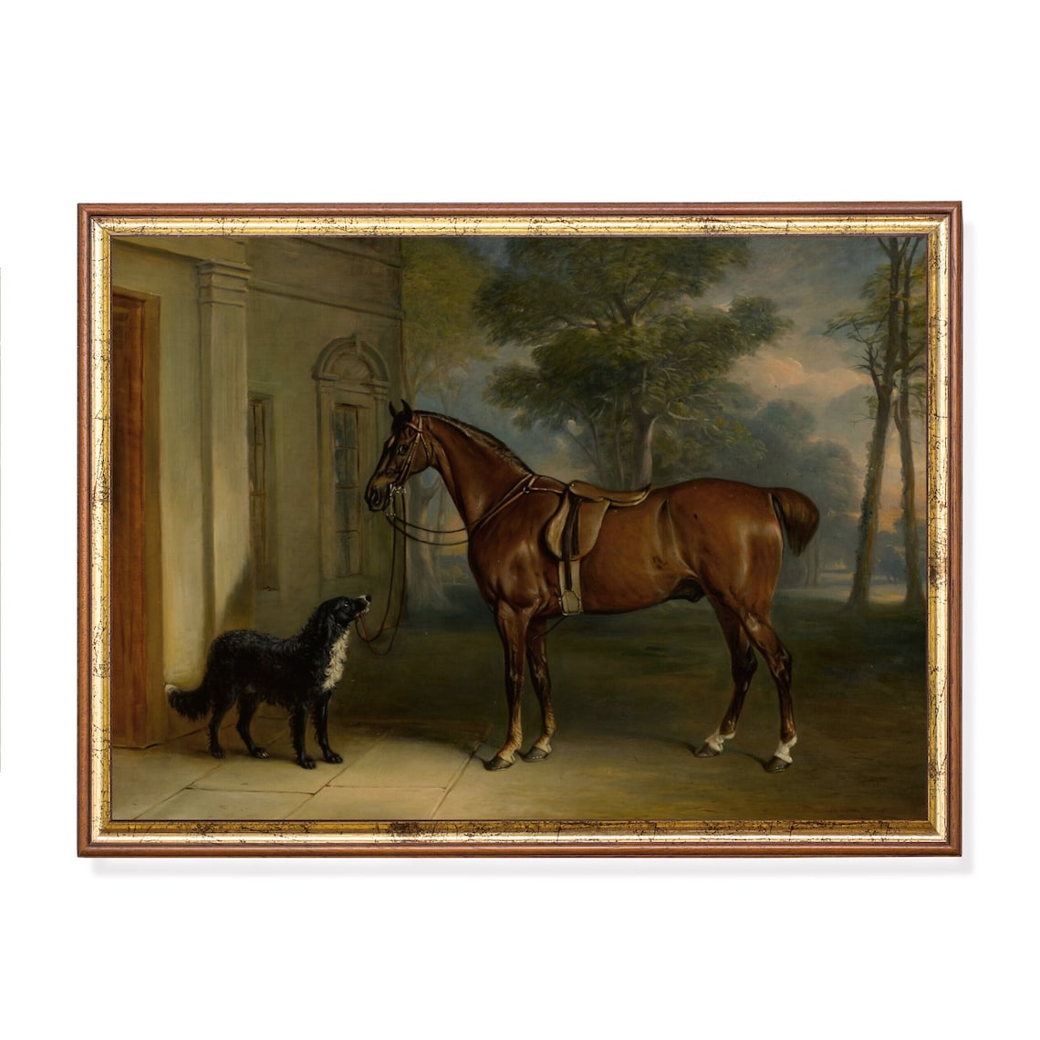 Saddled Chestnut Horse with Dog at Stable Door Vintage Poster